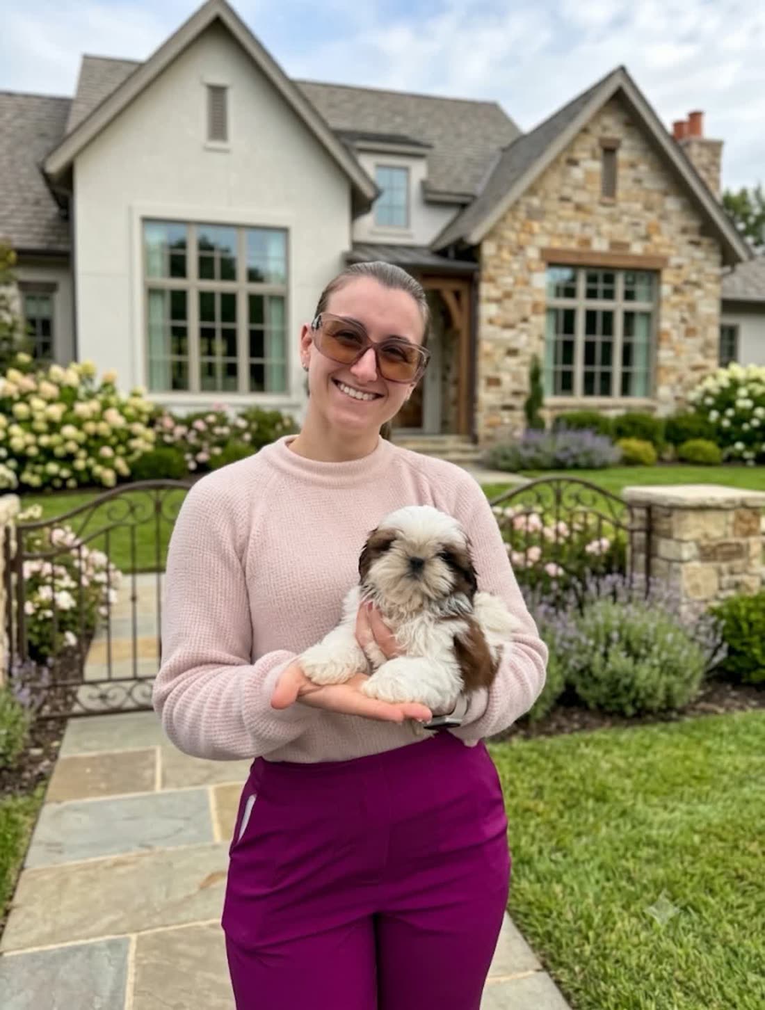 Durelle, a gold and white Shih Tzu puppy, held by her new mum in front of their house