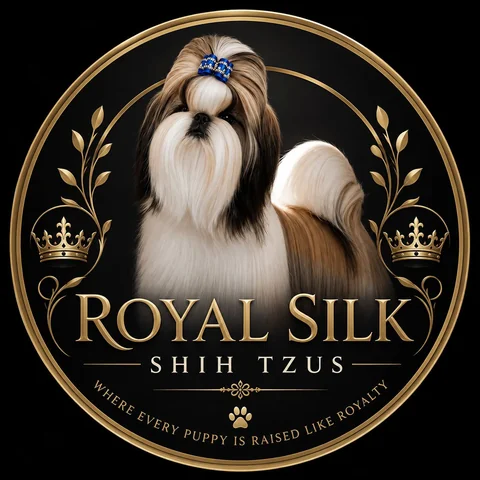 Royal Silk Shih Tzus logo: a Shih Tzu in a gold circle with crowns, above the words Royal Silk Shih Tzus, where every puppy is raised like royalty